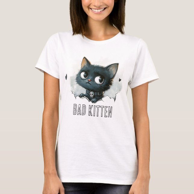 Edgy Kitten Illustration - "Bad Kitten" Text T-Shirt (Vorderseite)