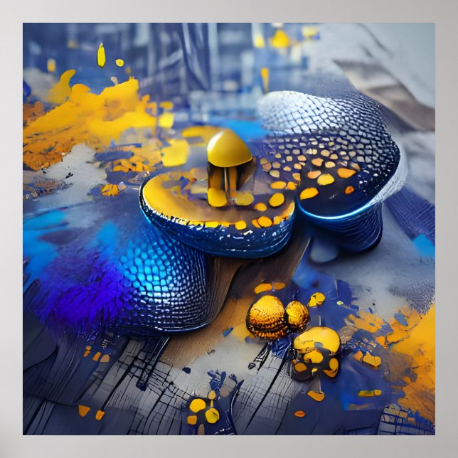 Edgy Modern Blue Yellow Metallic Mushroom Pop Art Poster (Vorne)