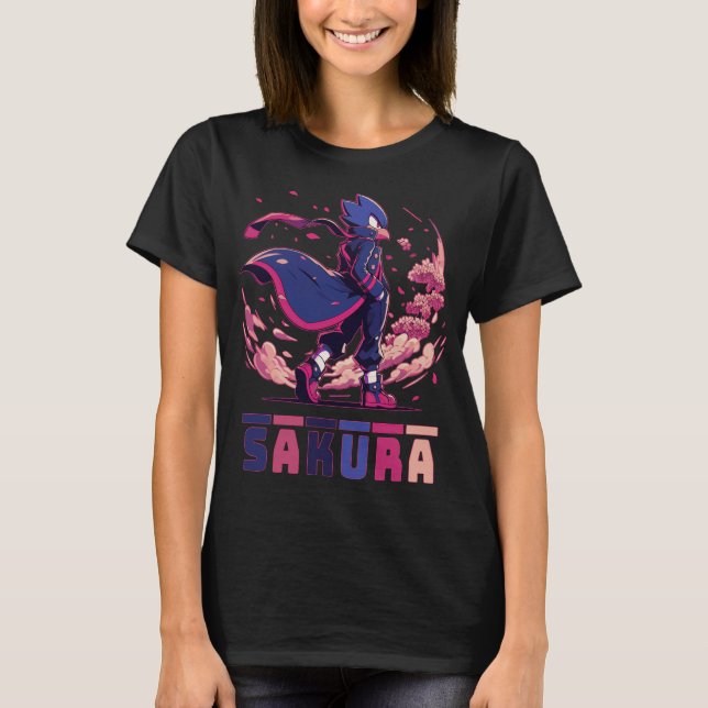 Edgy Sakura Warrior Bird Anime Illustration T-Shirt (Vorderseite)