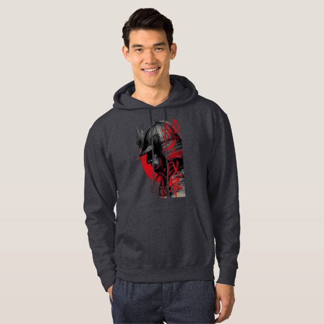 Edgy Samurai Warrior Japanese Ink Art Red Sun  Hoodie (Vorne ganz)