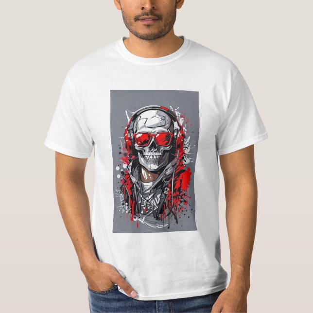 Edgy Skull mit Kopfhörern und roten Akzenten T-Shirt (Vorderseite)