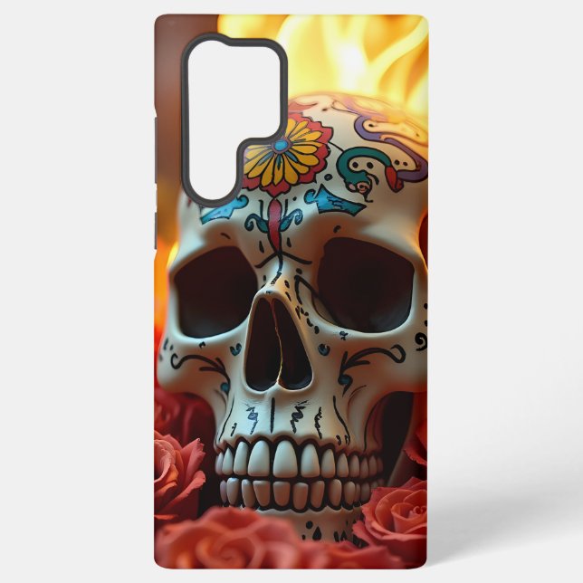 Edgy Skull mit Rose & Brandfall - iPhone Samsung Galaxy Hülle (Rückseite)