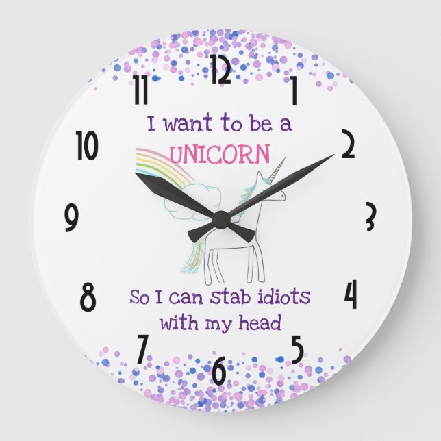 Edgy Unicorn mit Rainbow und Confetti Funny Große Wanduhr (Vorderseite)
