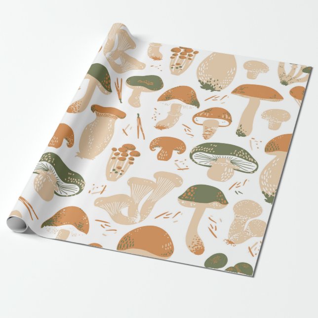 Edible Mushrooms seamless pattern. Linocut old sty Geschenkpapier (Ungerollt)