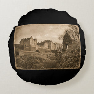 Edinburgh Castle Sepia-Fotografie Rundes Kissen