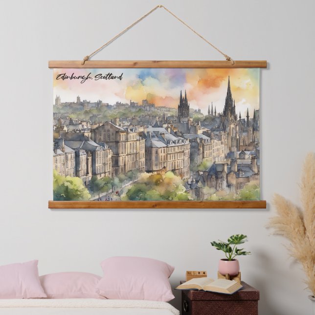 Edinburgh Scotland Castle Watercolor Travel Wandteppich Mit Holzrahmen (Schlafzimmer)