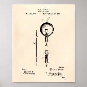 Edison Elektrische Lampe 1880 Patent Kunst - Altes Poster