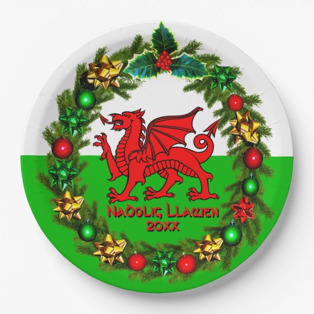 Edit Text Year Welsh Flag Red Dragon Christmas 9" Pappteller (Vorderseite)
