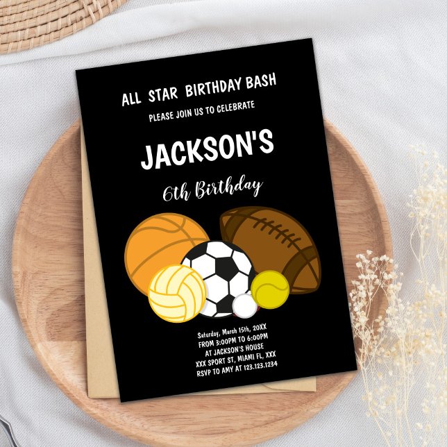 Editable All-Star Athletic Party Einladung für Jun (Black Sports Invitations)