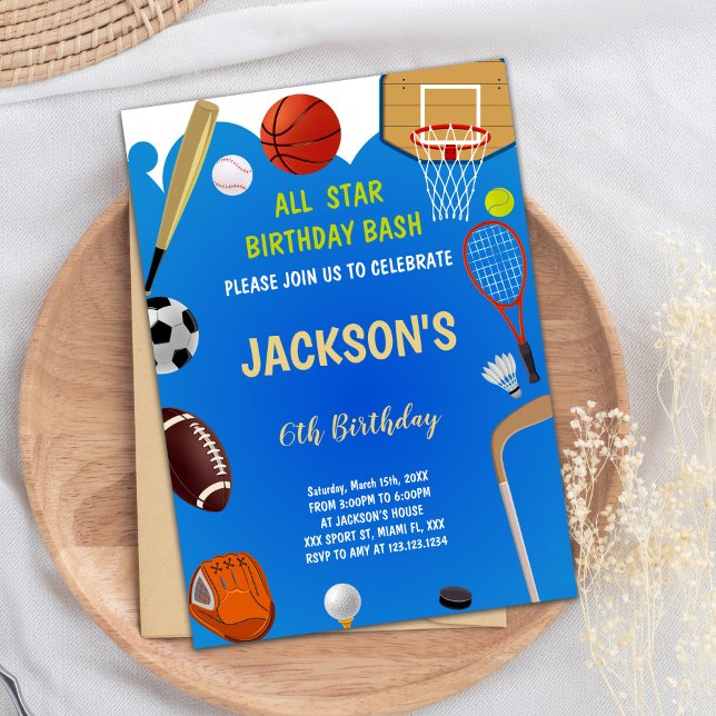 Editable All-Star Athletic Party Einladung für Jun (Blue Background Sports Birthday Invitations)