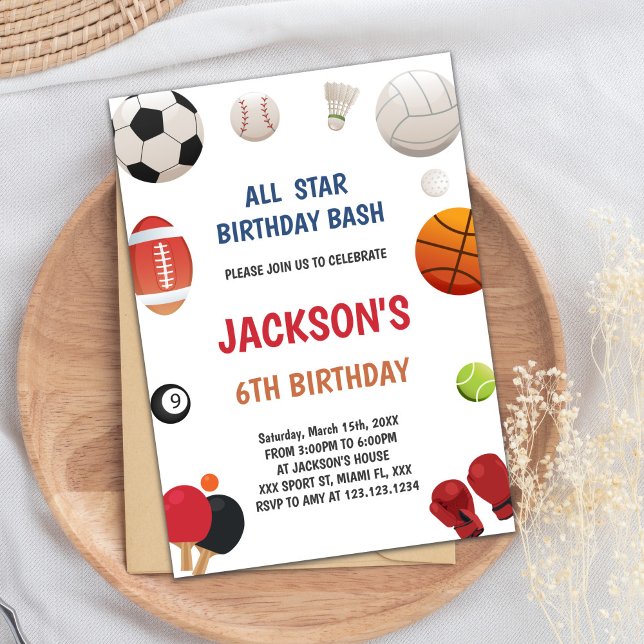 Editable All-Star Boys Athletic Party laden Sie ei Einladung (White Background Sports Invitations)