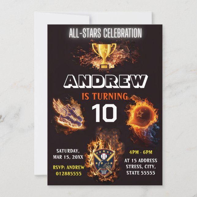Editable All Star Sports Birthday Invitation Einladung (Vorderseite)