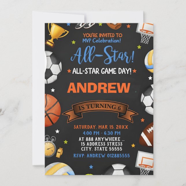 Editable All Star Sports Birthday Invitation Einladung (Vorderseite)