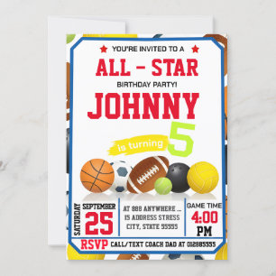 Editable All Star Sports Geburtstagsparty Einladun Einladung