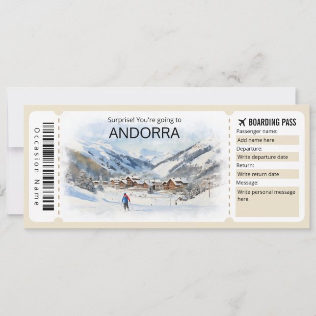 Editable Andorra Flugzeug Ticket, Andorra Trip Einladung (Vorderseite)