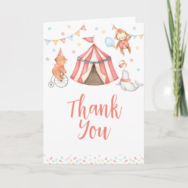 Editable Baby Animal Circus Danke Karte (Vorderseite)