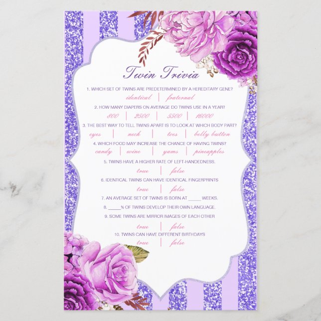 Editable Baby Twin Trivia Babydusche mit Antwort (Vorderseite)