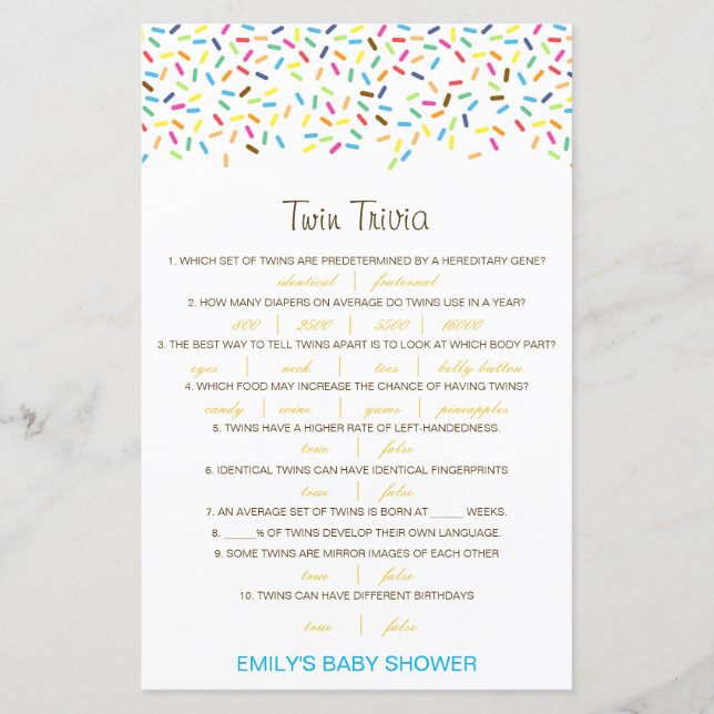 Editable Baby Twin Trivia Babydusche mit Antwort (Vorderseite)