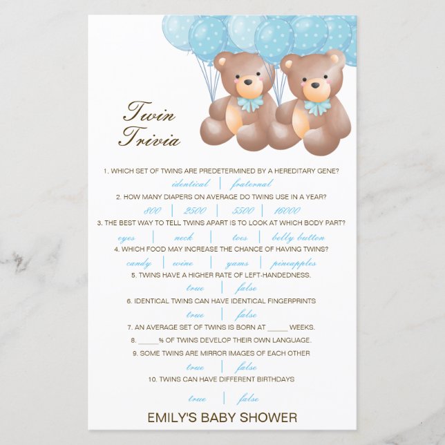 Editable Baby Twin Trivia Babydusche mit Antwort (Vorderseite)