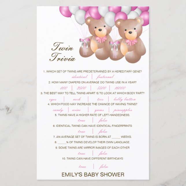 Editable Baby Twin Trivia Babydusche mit Antwort (Vorderseite)
