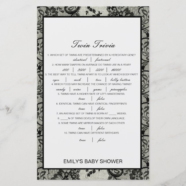 Editable Baby Twin Trivia Babydusche mit Antwort (Vorderseite)