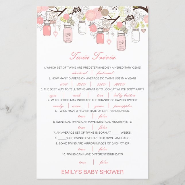 Editable Baby Twin Trivia Babydusche mit Antwort (Vorderseite)