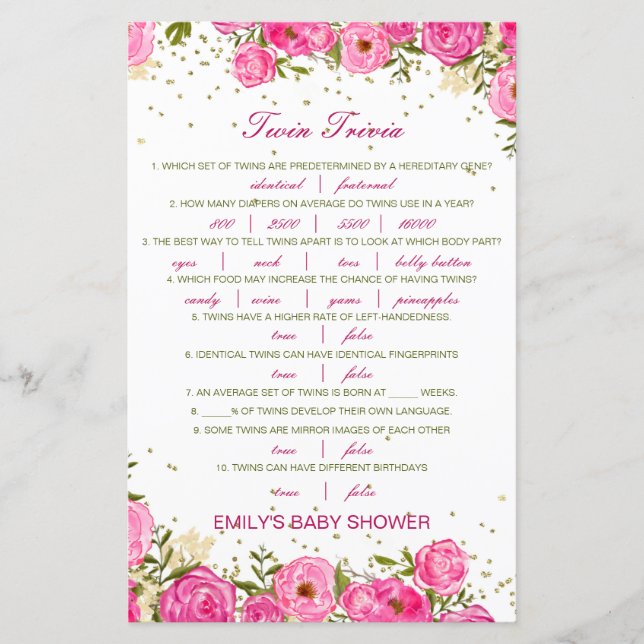 Editable Baby Twin Trivia Babydusche mit Antwort (Vorderseite)