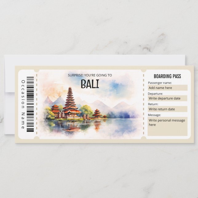 Editable Bali Flugzeug Boarding Pass Ticket Einladung (Vorderseite)