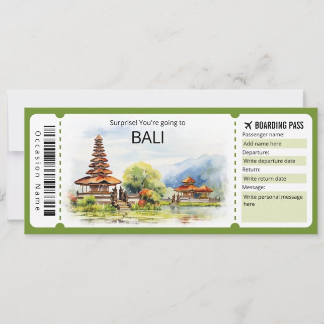 Editable Bali Flugzeug Ticket, Bali Trip Einladung (Vorderseite)
