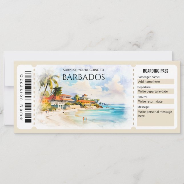 Editable Barbados Flugzeug Boarding Ticket Einladung (Vorderseite)