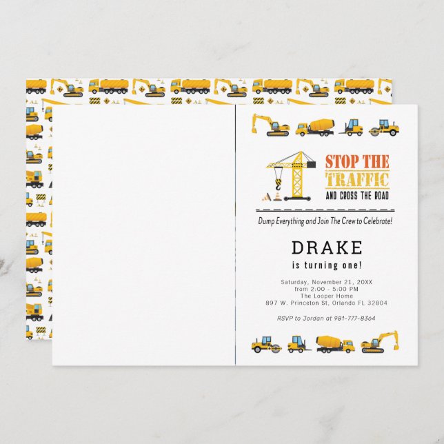 Editable Bau Trucks Thema Foto Geburtstag Einladung (Vorne/Hinten)