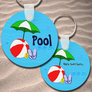 Editable Beach Ball Pool Umbrella Waves Schlüsselanhänger