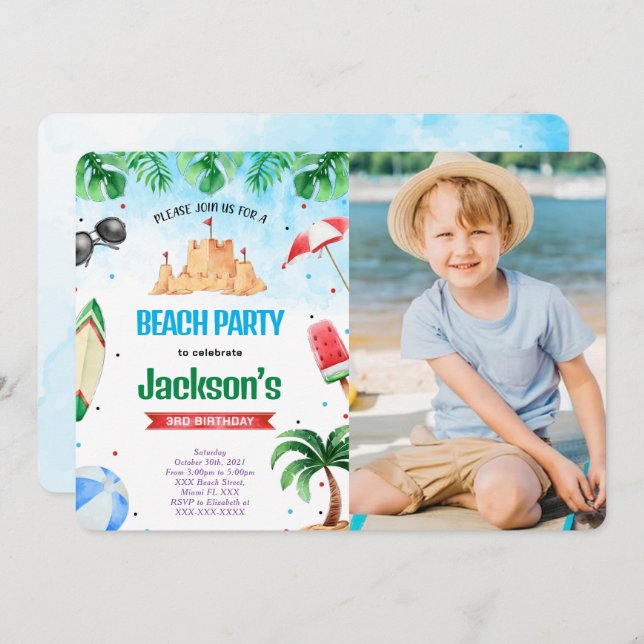 Editable Beach Birthday Foto Einladungen (Vorne/Hinten)