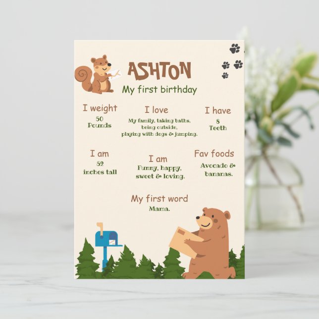 Editable Bear First Birthday Woodland Bear Boy 1. Einladung (Stehend Vorderseite)