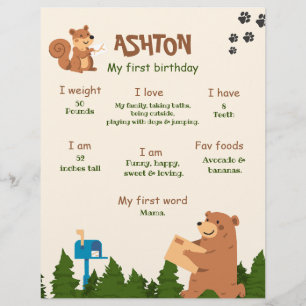Editable Bear First Birthday Woodland Bear Boy 1. Flyer
