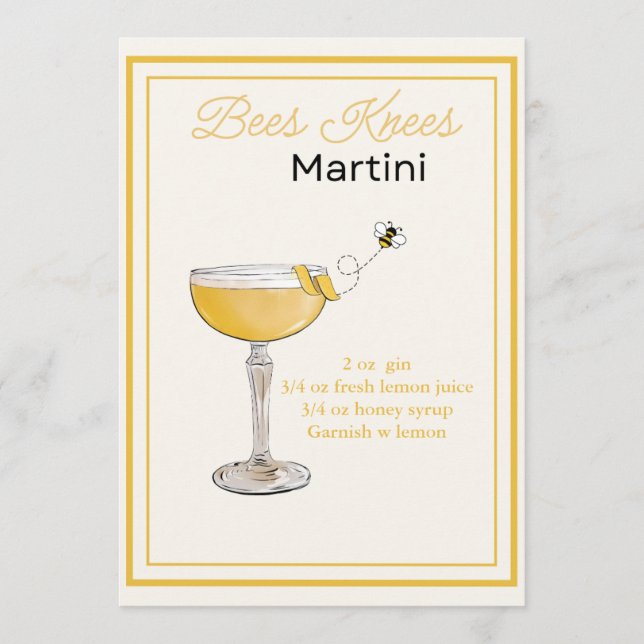 Editable Bees Knees Martini Recicard Menükarte (Vorderseite)