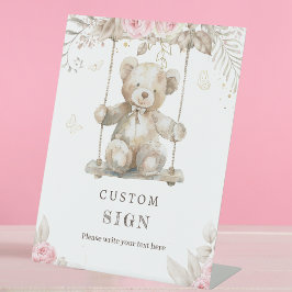 Editable Beige Teddy Bear Pink Floral Watercolor Sockelschild