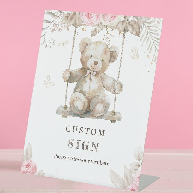 Editable Beige Teddy Bear Pink Floral Watercolor Sockelschild (Von Creator hochgeladen)