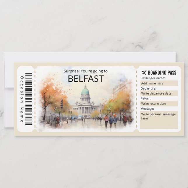 Editable Belfast Flugzeug Ticket, Irland Trip Einladung (Vorderseite)