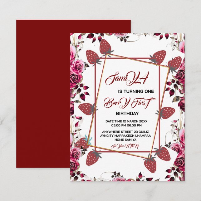 Editable Berry First Strawberry Birthday Einladung (Vorne/Hinten)