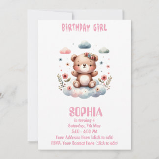 Editable Birthday Girl Teddy Bear Invitation 🧸💖 Einladung