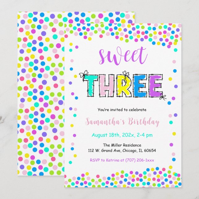 Editable Birthday Invitation Girl Age 3 Einladung (Vorne/Hinten)