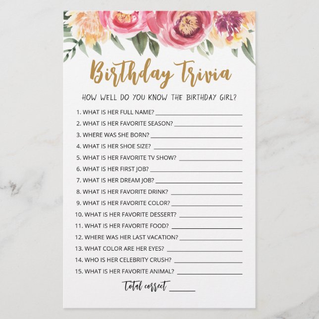 Editable Birthday trivia Birthday party game (Vorderseite)