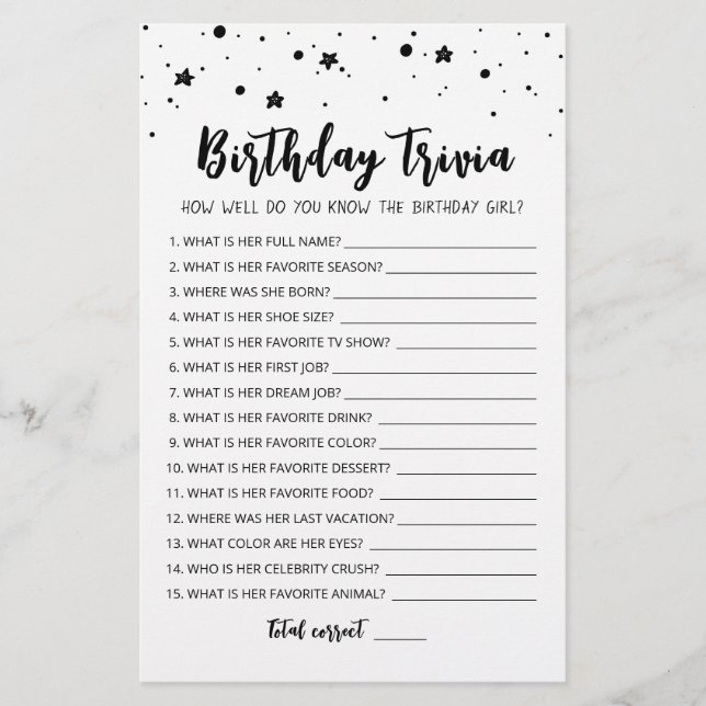 Editable Birthday trivia Birthday party game (Vorderseite)