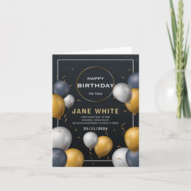 Editable Black and Gold Ballon Erwachsene Geburtst Einladung (Vorderseite)