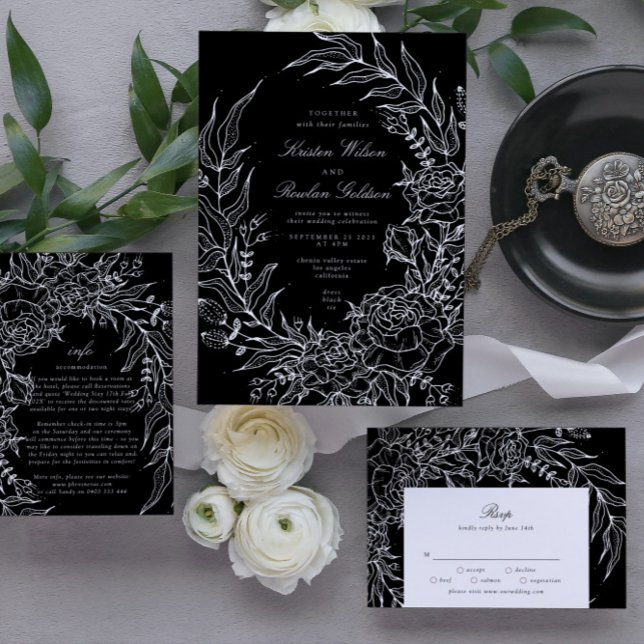 Editable Black Blume White Wreath Wedding Einladung (Invitation showcasing suite - additional items (bought separately))