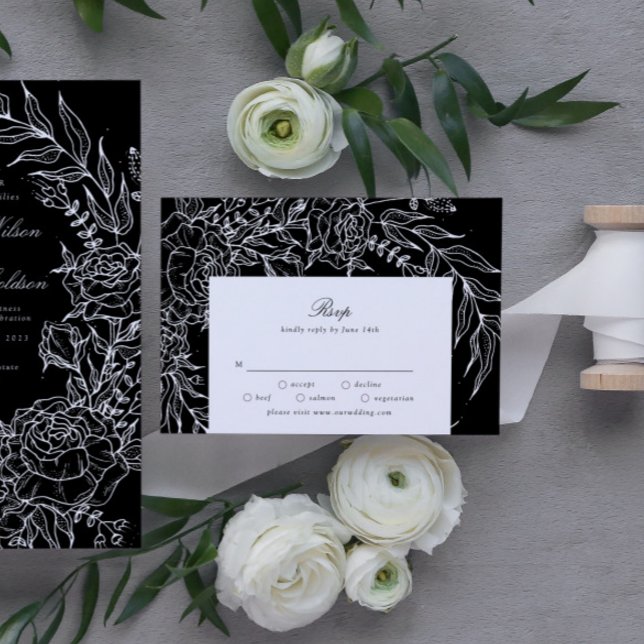 Editable Black Blume White Wreath Wedding RSVP Karte (RSVP showcasing suite - additional items (bought separately))