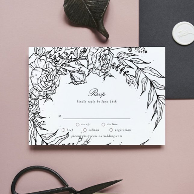Editable Black Blume White Wreath Wedding RSVP Karte (Von Creator hochgeladen)