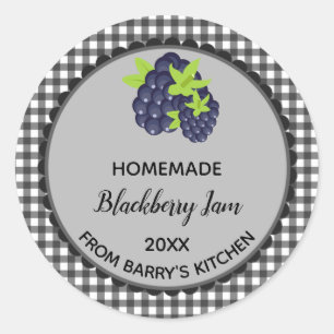 Editable Black Gingham BlackBerry Jam Labels Runder Aufkleber