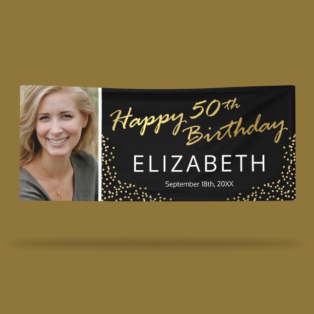Editable Black Gold 50. Geburtstag Foto Banner (Von Creator hochgeladen)